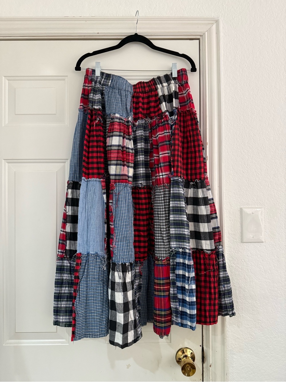 Handmade Patchwork Plaid Maxi Skirt - Red & Blue